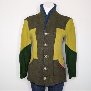 Preloved Handcut Green Blue Color Block Long Sleeve Button Up Cardigan Sweater S